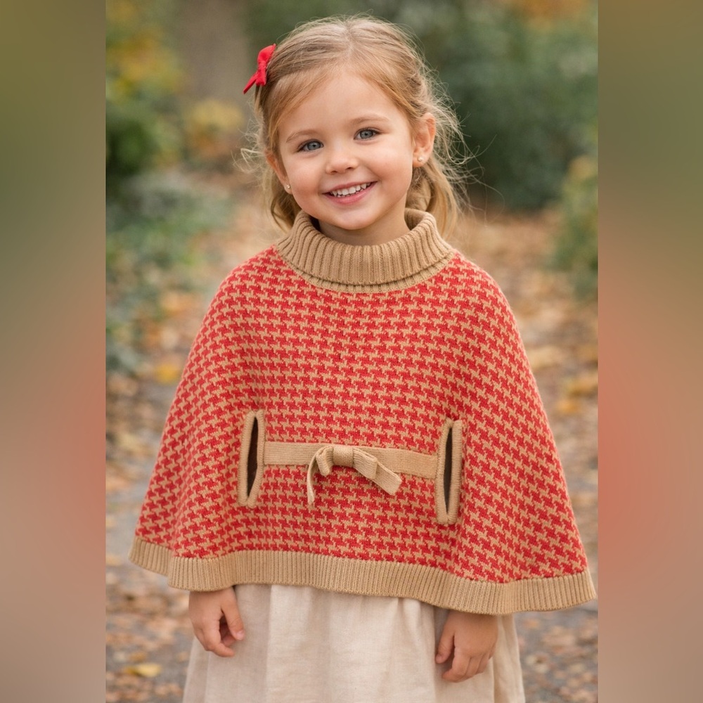 Janie & Jack Cape Houndstooth Coral Pink And Beige Tan Poncho Cape Sweater 5